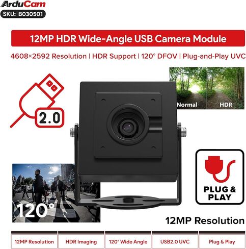 Arducam 12MP HDR USB Camera Module, 120° Wide Angle Fixed Focus UVC Webcam, 4608×2592 Resolution Mini Camera for Windows Linux Android macOS, LightBurn 3D Printer in Kuwait