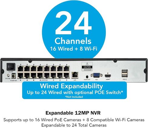 Night Owl 24-Channel 4K+ (12MP) NVR Security Recorder with 16 PoE Channels and 8 Wi-Fi Channels, Supports Up to 24 Devices, No HDD Included in Kuwait