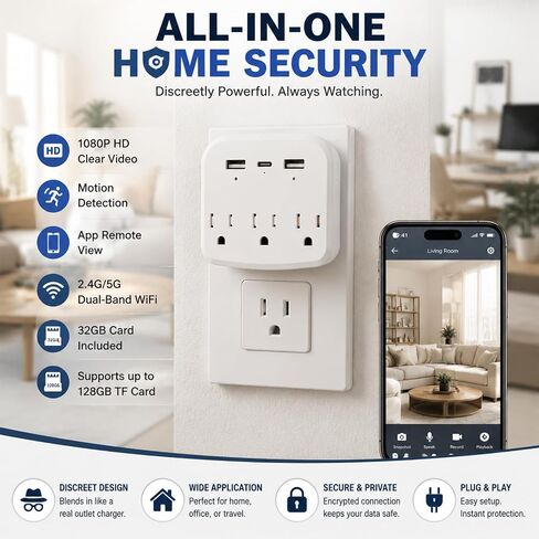 1080P WiFi Hidden Outlet Camera, Spy Style Plug-In Wall Charger Camera, Nanny Cam for Home Security Monitoring, Indoor Motion Detection Security Camera with App Remote View, Dual-Band 2.4G/5G Wireless in Kuwait