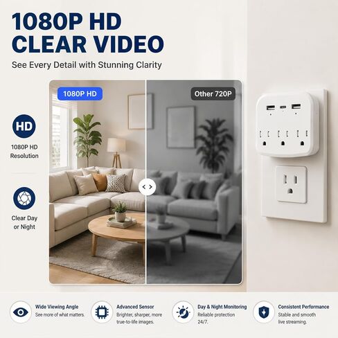 1080P WiFi Hidden Outlet Camera, Spy Style Plug-In Wall Charger Camera, Nanny Cam for Home Security Monitoring, Indoor Motion Detection Security Camera with App Remote View, Dual-Band 2.4G/5G Wireless in Kuwait