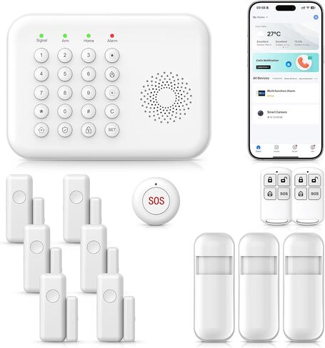 2026 Home Security System,13 Piece No Monthly Fees with Phone & Remote Control WiFi+4G Alarm System Kit,Instant App Alerts and Compatible with Alexa,Door/Window Sensors,SOS Button,for Smart Life in Kuwait