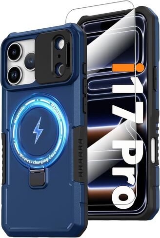 Magnetic Case for iPhone 14 with Ring Stand [with 2 Screen Protector] [Compatible with MagSafe Wireless Charging] Military Grade Shockproof Case with Slide Camera Cover for iPhone 14 6.1 inch, Black in Kuwait
