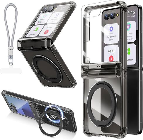 for Galaxy Z Flip 7 Case with Hinge Protection & Screen Protector [Compatible with MagSafe], Shockproof Anti-yellow Clear Phone Cover for Z Flip 7 with Magnetic Kickstand, Lanyard & 3 Makeup Mirrors in Kuwait