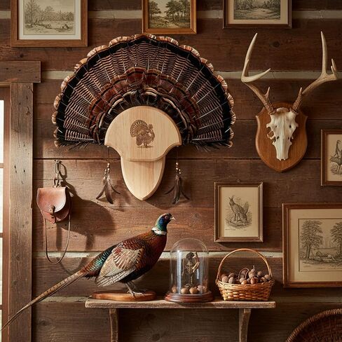 2 Pack Turkey Tail Fan Mounting Kit Oak Carved Turkey Fan Mounting Kit for Hanging Tail, Beard, Feather, Wall Mounted Hunting Trophy Mount Kit with Hardware, 8.3 Inch, Natural Oak Wood Color in Kuwait