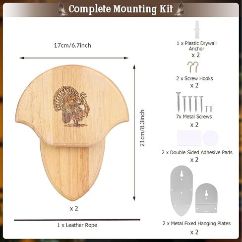 2 Pack Turkey Tail Fan Mounting Kit Oak Carved Turkey Fan Mounting Kit for Hanging Tail, Beard, Feather, Wall Mounted Hunting Trophy Mount Kit with Hardware, 8.3 Inch, Natural Oak Wood Color in Kuwait