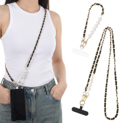 Black Chain Metal Phone Lanyard with 2 Tether Tab and 1 Wrist Strap, Anti-Theft Crossbody CellPhone Chain Cell Phone Neck Holder Leather Pearl Phones Strap in Kuwait