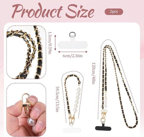 Black Chain Metal Phone Lanyard with 2 Tether Tab and 1 Wrist Strap, Anti-Theft Crossbody CellPhone Chain Cell Phone Neck Holder Leather Pearl Phones Strap in Kuwait