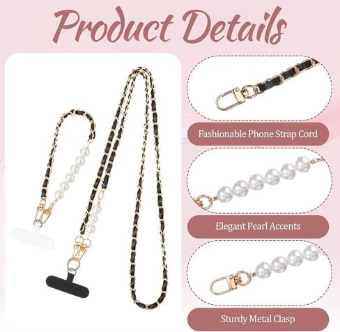 Black Chain Metal Phone Lanyard with 2 Tether Tab and 1 Wrist Strap, Anti-Theft Crossbody CellPhone Chain Cell Phone Neck Holder Leather Pearl Phones Strap in Kuwait