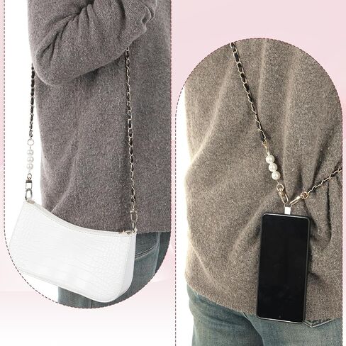 Black Chain Metal Phone Lanyard with 2 Tether Tab and 1 Wrist Strap, Anti-Theft Crossbody CellPhone Chain Cell Phone Neck Holder Leather Pearl Phones Strap in Kuwait