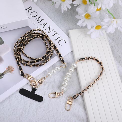 Black Chain Metal Phone Lanyard with 2 Tether Tab and 1 Wrist Strap, Anti-Theft Crossbody CellPhone Chain Cell Phone Neck Holder Leather Pearl Phones Strap in Kuwait