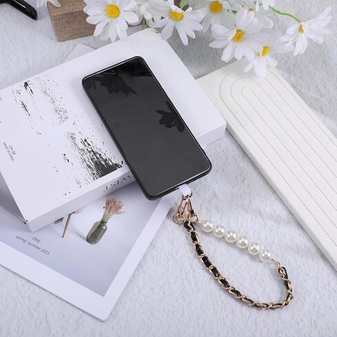 Black Chain Metal Phone Lanyard with 2 Tether Tab and 1 Wrist Strap, Anti-Theft Crossbody CellPhone Chain Cell Phone Neck Holder Leather Pearl Phones Strap in Kuwait