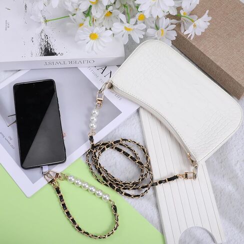 Black Chain Metal Phone Lanyard with 2 Tether Tab and 1 Wrist Strap, Anti-Theft Crossbody CellPhone Chain Cell Phone Neck Holder Leather Pearl Phones Strap in Kuwait