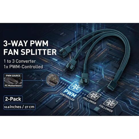 2-Pack 3-Way 4 Pin PWM Fan Splitter Cable - 10.6 Inches / 27 cm, 1x PWM Master to 2X Follower, PC Case Fan 1 to 3 Splitter for Synchronized Cooling in Saudi Arabia