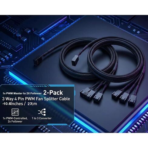 2-Pack 3-Way 4 Pin PWM Fan Splitter Cable - 10.6 Inches / 27 cm, 1x PWM Master to 2X Follower, PC Case Fan 1 to 3 Splitter for Synchronized Cooling in Saudi Arabia