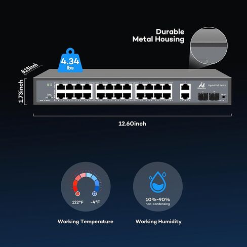 ONWOTE 24 Ports Gigabit PoE Switch 300W, 10/100/1000Mbps Self-Adaptive in Kuwait