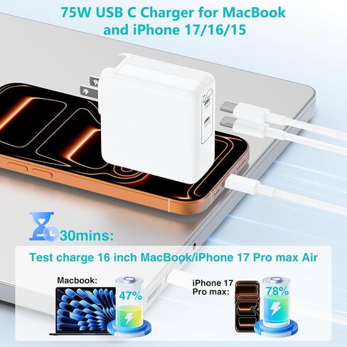 USB C MacBook Charger for MacBook Pro/MacBook Air 16 15 14 13 Inch 2025 2024 2023 2022 2021 2020 2019 M5 M4 M3 M2 M1,2Pack 75W USBC Laptop Power Adapter with 3+6+6+10ft USBC Cable for iPhone 17/16/15 in Kuwait