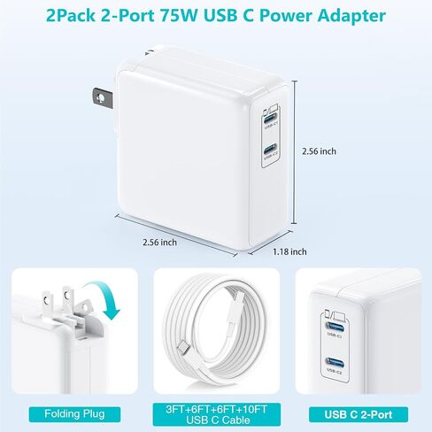 USB C MacBook Charger for MacBook Pro/MacBook Air 16 15 14 13 Inch 2025 2024 2023 2022 2021 2020 2019 M5 M4 M3 M2 M1,2Pack 75W USBC Laptop Power Adapter with 3+6+6+10ft USBC Cable for iPhone 17/16/15 in Kuwait