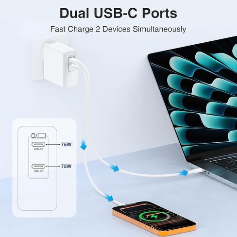USB C MacBook Charger for MacBook Pro/MacBook Air 16 15 14 13 Inch 2025 2024 2023 2022 2021 2020 2019 M5 M4 M3 M2 M1,2Pack 75W USBC Laptop Power Adapter with 3+6+6+10ft USBC Cable for iPhone 17/16/15 in Kuwait