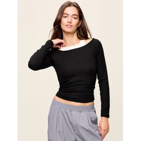 Old Navy CloudLite Ribbed Long-Sleeve Boatneck Top - Black Jack in Kuwait