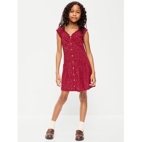 Old Navy Short-Sleeve Fit and Flare Button-Front Dress for Girls - Burgundy Plaid in Kuwait
