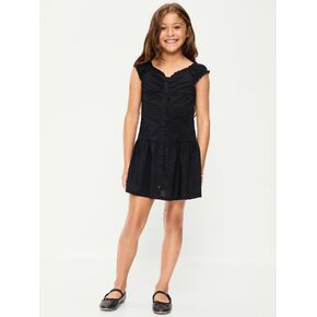 Old Navy Short-Sleeve Fit and Flare Button-Front Dress for Girls - Black Jack in Kuwait