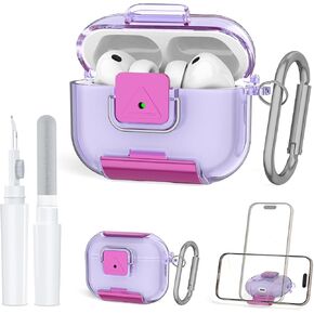 حافظة قفل آمنة لحافظة AirPods Pro 3 مع حامل هاتف، غطاء حماية ناعم مقاوم للصدمات من مادة TPU لـ AirPods Pro 3rd Gen Clear Air pod pro 3 مع قلم تنظيف وسلسلة مفاتيح (أرجواني شفاف) in Kuwait