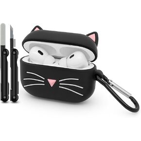 Dumkery Cute AirPods 1/2 Case, Whisker Cat AirPods 1st Generation Case, 3D Animals Black Cat Kitty AirPods 2nd Generation Shockproof Silicone Charging Cases Cover with Carabiner in Saudi Arabia