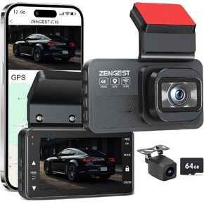 Dash Cam Front and Rear, 4K+1080P FHD Dual Camera with ADAS, GPS, 5G WiFi & App Control, 64GB Card Included, G-Sensor, Night Vision, Loop Recording, 170°Wide Angle, WDR, 24H Parking Mode in Kuwait