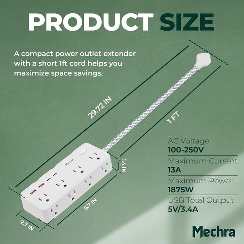 1Ft Extension Cord Power Strip 12-in-1, 8 AC Outlets 4 USB Ports (2 USB C), 1050J Surge Protector, Ultra Thin Flat Plug, Wall Mount Desktop Charging Station, Home Office Travel Dorm College in Kuwait