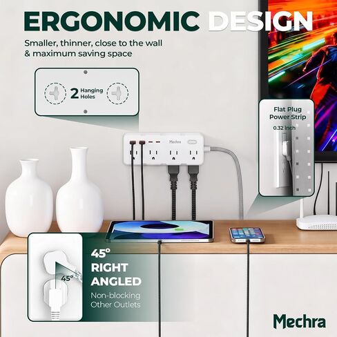 1Ft Extension Cord Power Strip 12-in-1, 8 AC Outlets 4 USB Ports (2 USB C), 1050J Surge Protector, Ultra Thin Flat Plug, Wall Mount Desktop Charging Station, Home Office Travel Dorm College in Kuwait