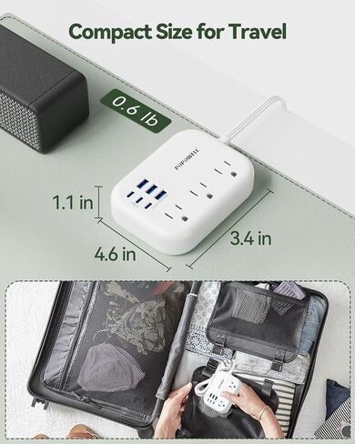 6 USB Power Strip- Travel Power Strip with 3 Outlets and 6 USB(3 USB C) 24W/4.8A Charging Ports for iPhone 15, 3 FT Small Extension Cord, Slim Flat Plug for Cruise Ship Essential, Office Dorm, White. in Kuwait
