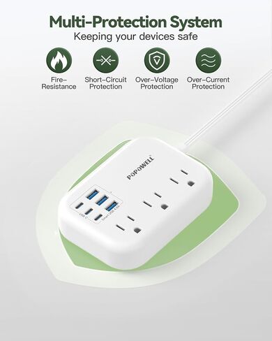 6 USB Power Strip- Travel Power Strip with 3 Outlets and 6 USB(3 USB C) 24W/4.8A Charging Ports for iPhone 15, 3 FT Small Extension Cord, Slim Flat Plug for Cruise Ship Essential, Office Dorm, White. in Kuwait