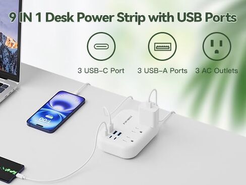 6 USB Power Strip- Travel Power Strip with 3 Outlets and 6 USB(3 USB C) 24W/4.8A Charging Ports for iPhone 15, 3 FT Small Extension Cord, Slim Flat Plug for Cruise Ship Essential, Office Dorm, White. in Kuwait