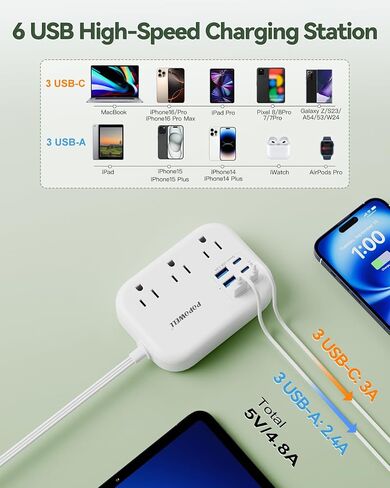 6 USB Power Strip- Travel Power Strip with 3 Outlets and 6 USB(3 USB C) 24W/4.8A Charging Ports for iPhone 15, 3 FT Small Extension Cord, Slim Flat Plug for Cruise Ship Essential, Office Dorm, White. in Kuwait