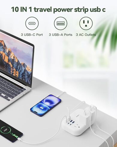 6 USB Power Strip- Travel Power Strip with 3 Outlets and 6 USB(3 USB C) 24W/4.8A Charging Ports for iPhone 15, 3 FT Small Extension Cord, Slim Flat Plug for Cruise Ship Essential, Office Dorm, White. in Kuwait