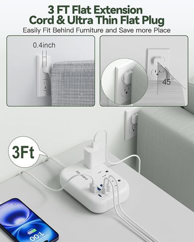 6 USB Power Strip- Travel Power Strip with 3 Outlets and 6 USB(3 USB C) 24W/4.8A Charging Ports for iPhone 15, 3 FT Small Extension Cord, Slim Flat Plug for Cruise Ship Essential, Office Dorm, White. in Kuwait