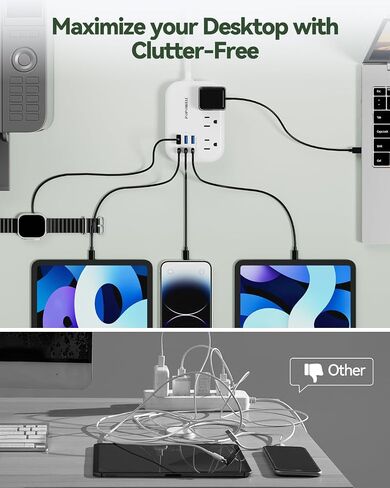 6 USB Power Strip- Travel Power Strip with 3 Outlets and 6 USB(3 USB C) 24W/4.8A Charging Ports for iPhone 15, 3 FT Small Extension Cord, Slim Flat Plug for Cruise Ship Essential, Office Dorm, White. in Kuwait