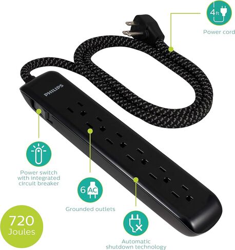 Philips Surge Protector Power Strip, 4 Ft Braided Extension Cord in Kuwait