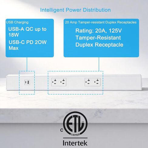 24inch +16 inch All-in One Pack Under Cabinet Outlet Strip, Hardwired Power Strip with 4 Tamper Resistant Outlets and 2 Type A USB, White in Kuwait