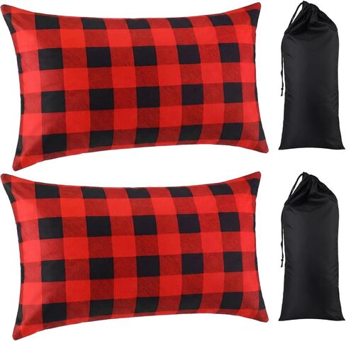 Novabright 2 Pack Plaid 12" x 18" Camping Pillows with Cinch Storage Bags for Sleeping Hiking Airplane Compressible Portable Pillow for Travel Camping Backpacking Essential Gear, Black in Kuwait