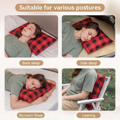 Novabright 2 Pack Plaid 12" x 18" Camping Pillows with Cinch Storage Bags for Sleeping Hiking Airplane Compressible Portable Pillow for Travel Camping Backpacking Essential Gear, Black in Kuwait