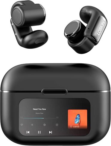 LOBKIN Open Ear Earbuds Clip On Headphones Wireless Bluetooth 5.4 Adaptive Comfortable Clip On Ear Buds with Mic,4GB Storage Lightweight IPX5 Waterproof LED Touchscreen Display Fit Sports (Black) in Kuwait