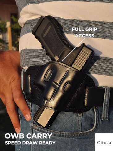 Ottoza Handmade Leather Gun Holster Compatible with Glock (17/19/19X/22/23) Right Handed Glock 19 Holster OWB - Glock 17 Holster OWB Top Grain Leather Black 238 in Kuwait