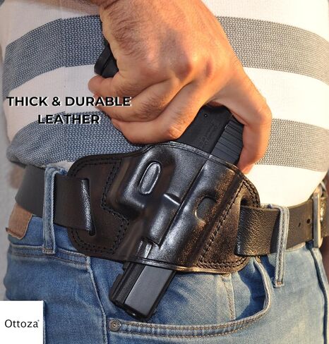 Ottoza Handmade Leather Gun Holster Compatible with Glock (17/19/19X/22/23) Right Handed Glock 19 Holster OWB - Glock 17 Holster OWB Top Grain Leather Black 238 in Kuwait