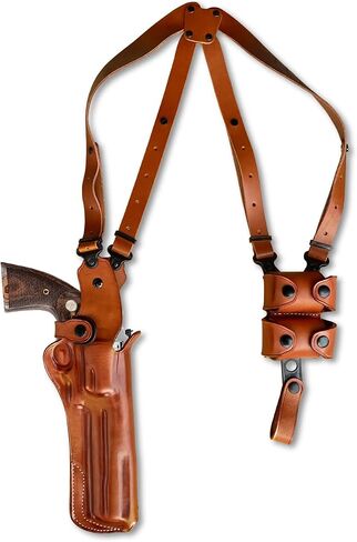 Masc Premium Leather Vertical Shoulder Holster System with Double Speed Loader Pouch, for Python .357 Magnum 6-inch, RH Draw Brown Color #1306# in Kuwait