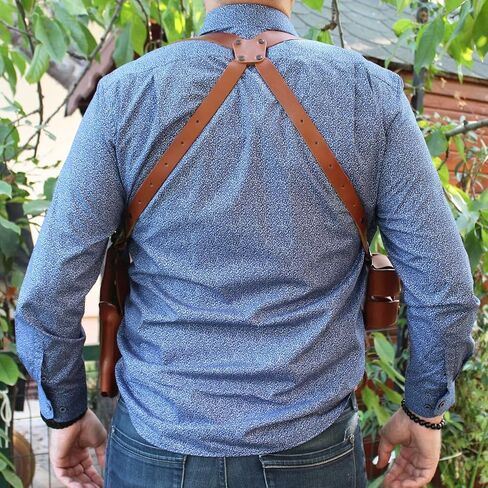 Masc Premium Leather Vertical Shoulder Holster System with Double Speed Loader Pouch, for Python .357 Magnum 6-inch, RH Draw Brown Color #1306# in Kuwait