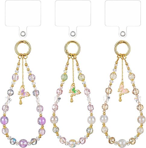 3Pcs Beaded Phone Charm Wristlet with Butterfly Pendant, Mobilephone Wrist Strap Crystal Keychain Camera Strap Wrist Cute Phone Chain Wristlet Purse Bag Charms for Outdoor Activities in Kuwait