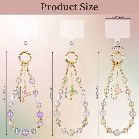 3Pcs Beaded Phone Charm Wristlet with Butterfly Pendant, Mobilephone Wrist Strap Crystal Keychain Camera Strap Wrist Cute Phone Chain Wristlet Purse Bag Charms for Outdoor Activities in Kuwait