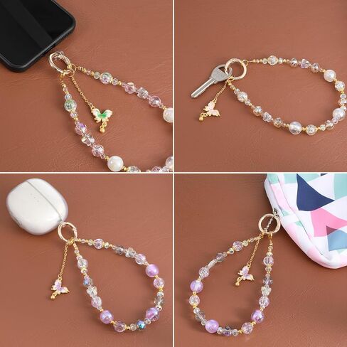 3Pcs Beaded Phone Charm Wristlet with Butterfly Pendant, Mobilephone Wrist Strap Crystal Keychain Camera Strap Wrist Cute Phone Chain Wristlet Purse Bag Charms for Outdoor Activities in Kuwait