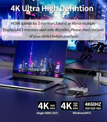USB C to 3 × HDMI Adapter |4K60Hz HDMI Splitter Extended Display 1 in 3 Out MST Hub with 100W PD for Multiple Monitors Converter Compatible with Laptop,PC,USB-C Graphics Card in Saudi Arabia